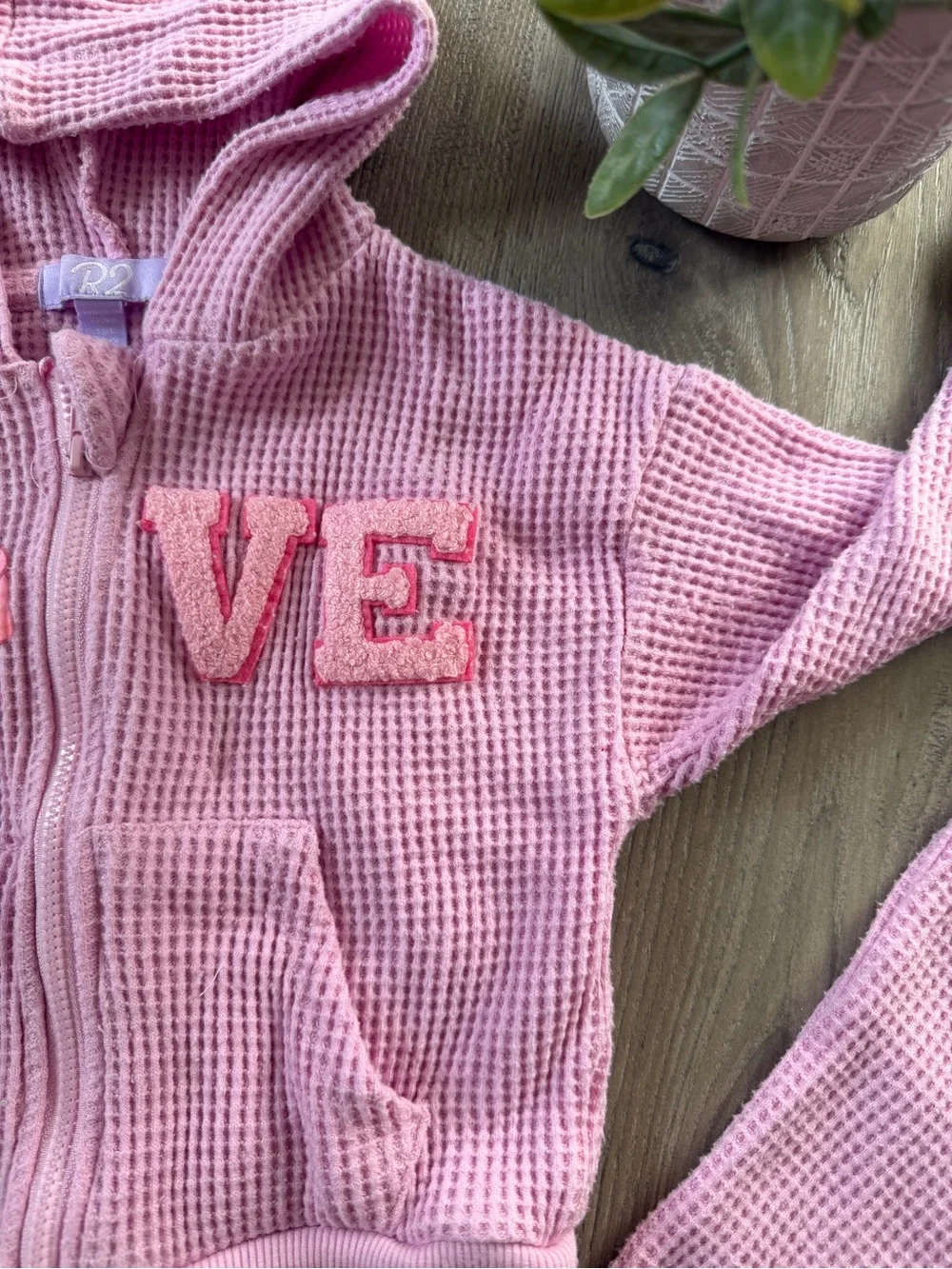 Pink Girls' Waffle Knit Hoodie & Pants Set - Love Embroidery